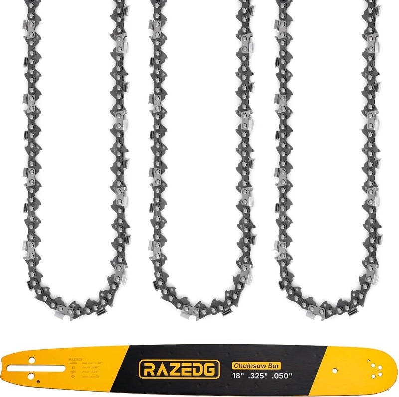 RazEdg18 Inch Chainsaw Bar and Chain Combo, .325" Pitch, 050" Gauge, 72 Drive Links Fits Husqvarna 435, 440, 545, 345, 350, 51, 55 RANCHER, and 550XP (1 Bar + 3 Chains) - Image 1